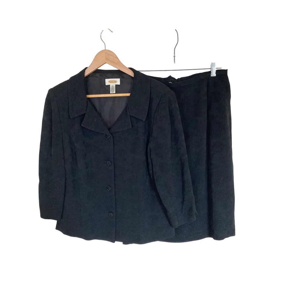 Talbots Vintage Black Floral Jacquard Skirt Suit Set Blazer Size 12 Made in USA